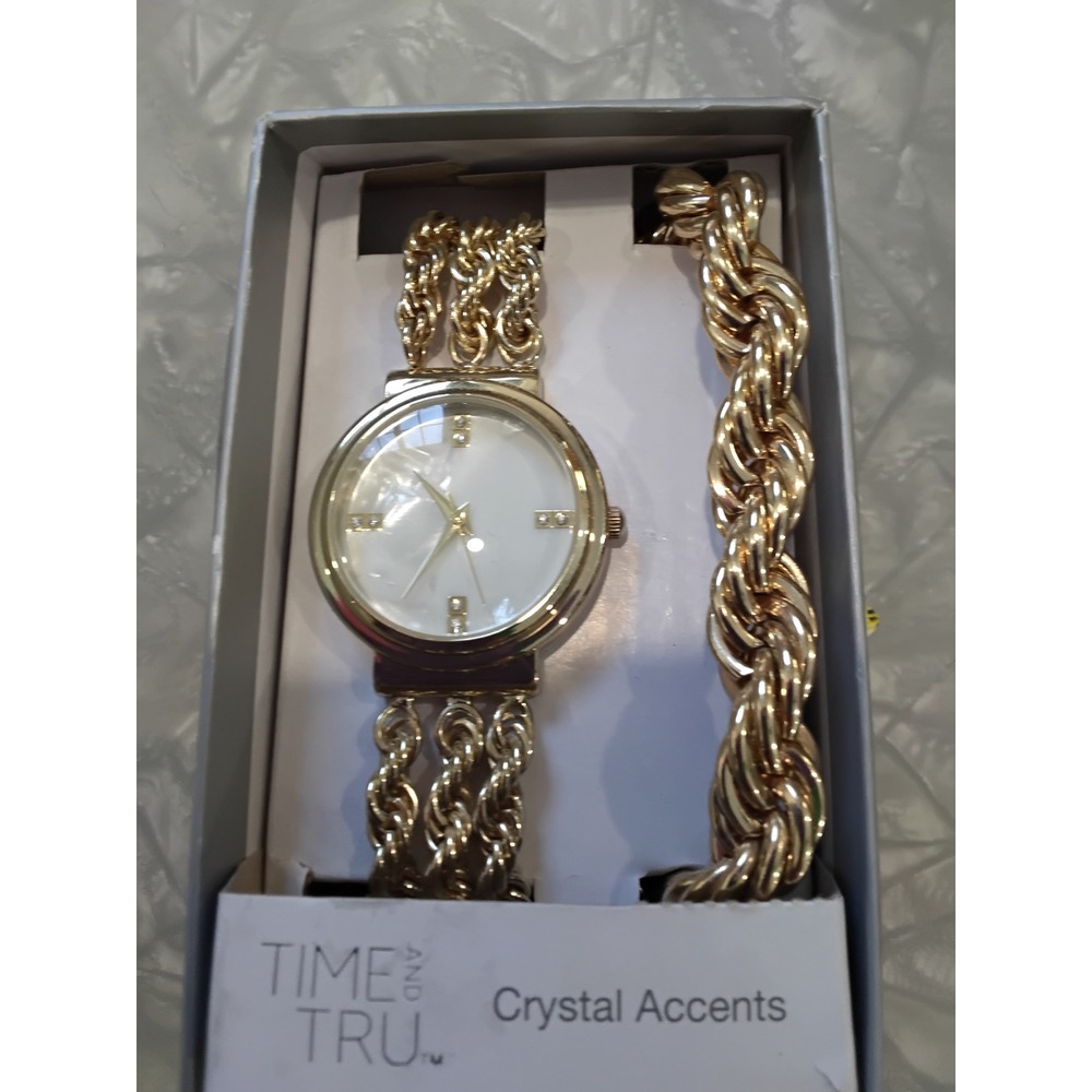 Time and Tru Women Gold Tone Crystal‎ Accent Watch Bracelet Set